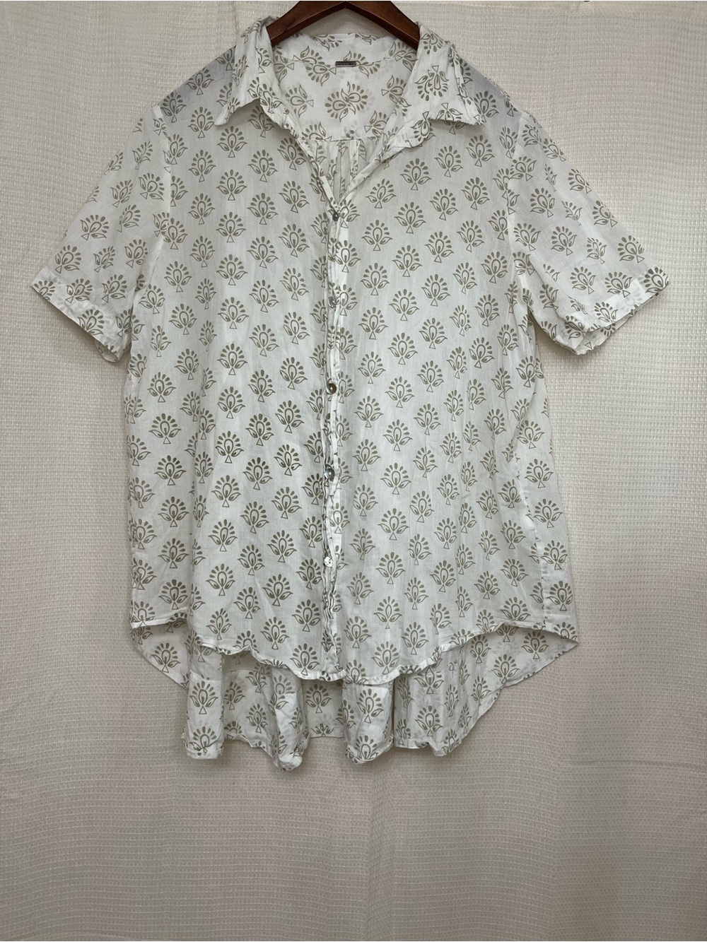Chan Luu Block Print Short Sleeve High-Low Button Down Blouse